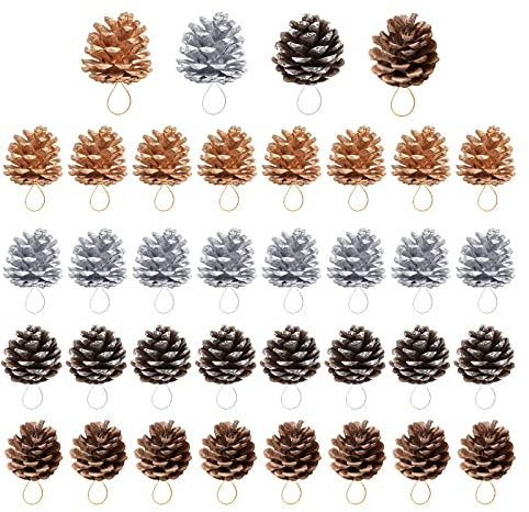 Bekecidi 36 Stück Weihnachten Tannenzapfen, Mini Natürliche Tannenzapfen, Weihnachten Ornamente für Weihnachtsbaum Herbst Winter Deko, Geschenkanhänger (Gold, Silber, Grundfarbe, Weiße Kante)