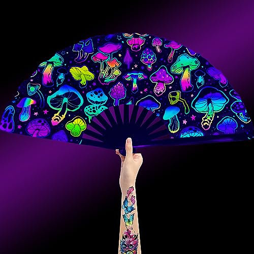 UV Glow Large Rave Bamboo Folding Clack Hand Fan for men/women Handheld Fan Decorative Folding Fans for EDM, Music Festival,Club,Freaky,Event,Party,Dance,Performance,Decoration,Gift(Mushroom)