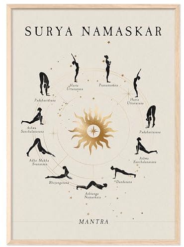JUNOMI® Sonnengruß Poster 50x70 cm | Yoga Zubehör für Studios und Übungen Zuhause, Boho Deko, Yoga Deko, Yoga Übungen, Meditation | mit Rahmen Natur