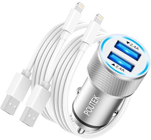Cargador de coche para iPhone con 2 cables Lightning [certificado Apple MFi],cargador de encendedor USB rápido 2,4 A, adaptador de enchufe para encendedor de cigarrillos, USB cargador de coche para