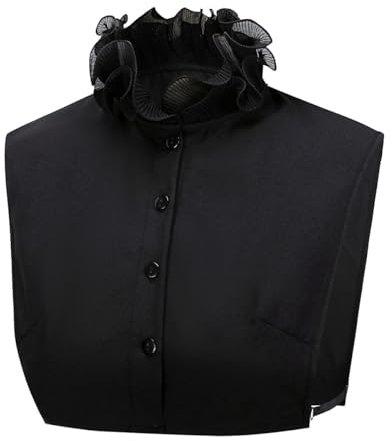 SAMHENG Ruffles Fake Collar for Women, Detachable Half Shirt Blouse False Collar, Elegant Double Wavy Pleated Chiffon Mock Neck Top for Sweaters Collarless Dress (Black)