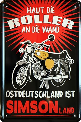 WOGEKA ART Retro Blechschild - Ostdeutschland ist Simsonland - Ostalgie Schild als Geschenk-Idee für SIMSON-FANS, als WERKSTATT-Deko, 20 x 30 cm, aus Metall im Vintage Design 916
