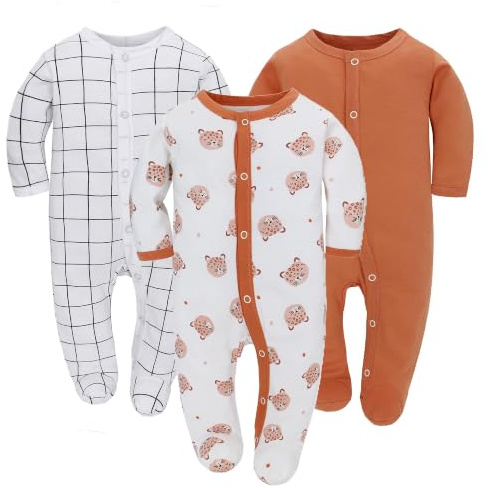 3PCS Baby Schlafstrampler Babychlafanzug Babyschlafsack Baumwolle mit Füßen mit knöpfen Gr. 56 62 68 für Junge Mädchen Neugborenen
