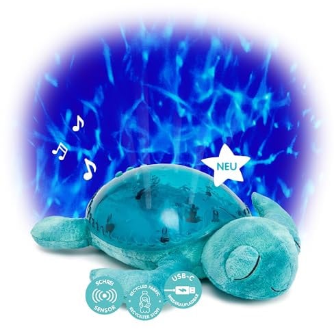 Cloud b Veilleuse projecteur océan avec 2 bruits blancs et 2 sons apaisants | Réglages réglables | Capteur de cri | Tortue tranquille – Aqua (rechargeable)