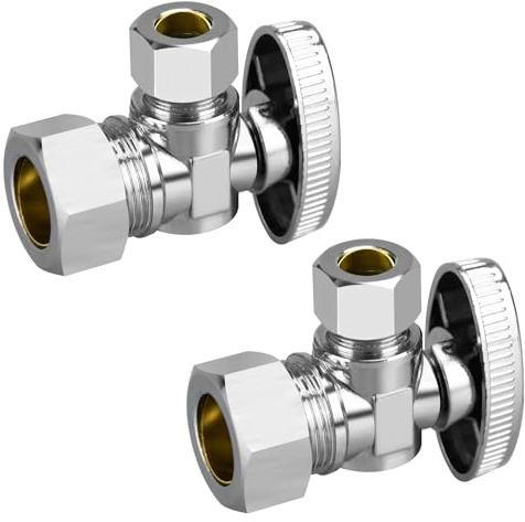 Stop Valves, 2 Pack 1/2 × 3/8 Angle Stop Valve, 1/2 Nominal (5/8 OD Comp.) Angle Input, 3/8 OD Compression Output, 1/4 Turn, Chrome Plated Brass for Kitchen, Faucet, Toilet Valves