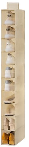 YOUDENOVA Hanging Shoe Rack 10-Shelf Shoes Storage for Wardrobe Collapsible Hanging Shoe Organizer Slim Organiser Durable Fabric Wardrobe Storage Solutions for Shoes,Clothes,Hats - Beige