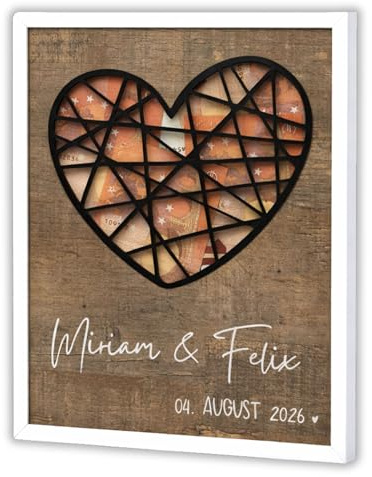 Personalisiertes Geldgeschenk Hochzeit im Bilderrahmen mit Echtglas – Modern Rustikales Herz Design – Hochzeitsgeschenk mit Namen & Datum – Geldgeschenk Hochzeit, Bilderrahmen Hochzeit personalisiert