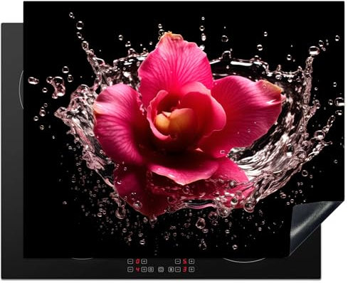 KitchenYeah© Herdabdeckplatte Einteilig Ceranfeld Abdeckplatte Küche Deko Ceranfeldabdeckung Herdabdeckung Induktionsmatte Blumen - Rosa - Wasser - Schwarz - Botanisch - Natur - 65x52 cm