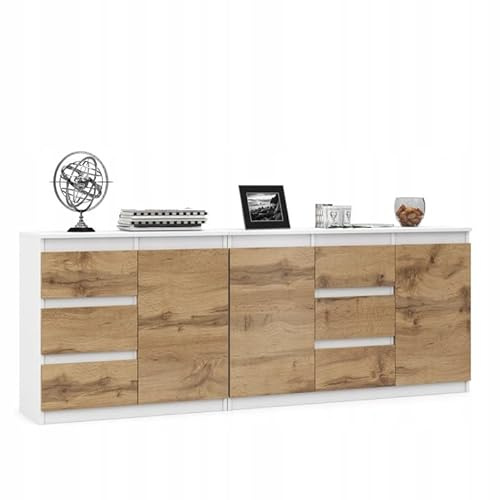VBChome Zwei Kommode 80 x 35 x 75 cm und 120 x 35 x 75 cm mit 6 Schubladen und 3 Türen Weiß - Eiche Wotan Grifflose Schubladenkommode Mehrzweckschrank für Flur Schlafzimmer Wohnzimmer Kinderzimmer