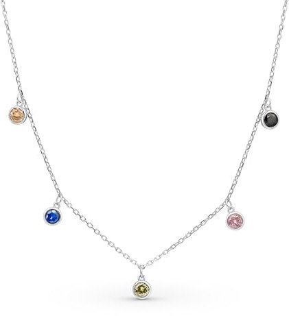 Ambeta Damen Halskette mit Zirkonia aus Sterling Silber 925| Kleine Silber Kristall Kette | Layering Halskette | Halsband Silber Damen: Kette Steine Bunt