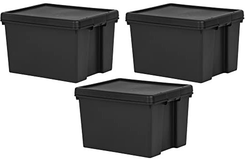 45L Litre Black Wham Bam 100% Recycled Plastic Containers Airtight Snap Lid Stackable Heavy Duty Storage Box Organizer For Toys Shoes Garage Home Office Eco-Friendly Bulk Storage Solutions (1)