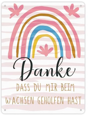 Danke dass du mir beim wachsen geholfen hast Regenbogen Metallschild XL in 21x28 cm bunter Streifen rosa Herzen - Metallschild XL in 21x28 cm mit Text Danke fürs Wachsen und