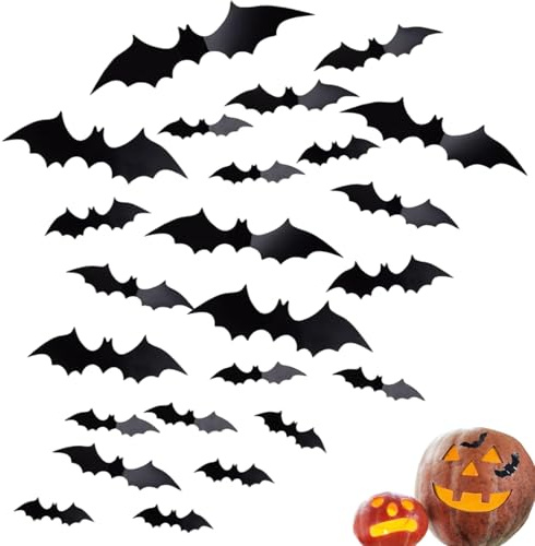 FUIPVGI 128 Pièces Deco Halloween Chauve Souris 3D, 4 tailles, Autocollants Chauve Souris Chauve Souris Suspendu, Réaliste Décoration Horreur Chauve Souris Stickers Muraux pour fêtes Halloween (Noir)