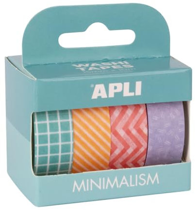 APLI 19839 - Confezione nastri adesivi decorativi - carta tipo WASHI TAPE - stampe minimaliste e colori pastello - 4 rotoli - Nastri 15 mm x 10 m