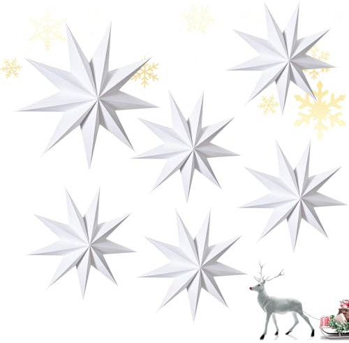 Kapokr 6 Stück Faltsterne Weihnachten 3D Papierstern Weiß 30cm Weihnachtssterne 9-Zackiger Papiersterne Hängende Sterne Deko für Weihnachts Weihnachtsbaum Hochzeit Party Dekoration
