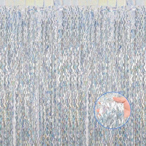 ACONDE Lametta Vorhang Gewellter Glitzer, 4 Stück Party Vorhänge Luftschlangen Fransen Geburtstag Dekoration für Neujahr 2024 Disco Party Weihnachten Party Deko, Silber, 2M x 1M