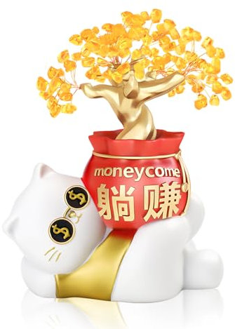 Haohai Lucky Cat Statue Set, Feng Shui Fortune Cat Figurine, Good Luck Charm for Home Decor, Chinese Crystal Bonsai Tree, Office Desk Ornament, Money Tree Decoration (Money come)
