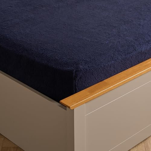 Brentfords Teddy Fitted Sheet King Size, Fleece Bedsheet King Size Easy Care Ultra Soft Fade Resistant Winter Warm Fitted Sheets Bedding Covers Fluffy - Navy Blue