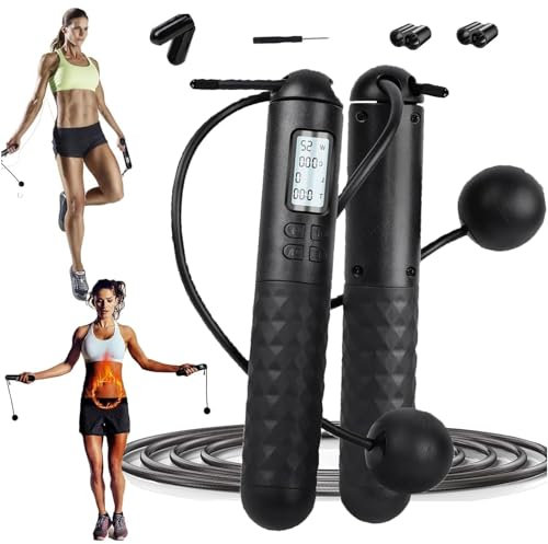 Cuerda de saltar con contador (bola de gravedad con/sin cuerda), cuerda de saltar de bola de gravedad, cuerda de saltar para adultos, cuerda de saltar pesada con contador (negro)