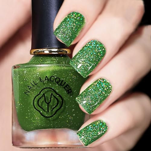 DMQ Glitter Nail Polish, Shiny Christmas Green Nail Varnish, Quick Dry Long Lasting Spring Christmas Holographic Nail Gel Polish Nail Art Manicure DIY Gifts for Women