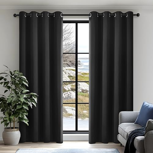 Deconovo Eyelet Blackout Curtains Black - Super Soft Thermal Insulated Bedroom Curtains, OEKO-TEX Certified, Energy Saving, 52x72 Inch, Black Onyx,2 Panels