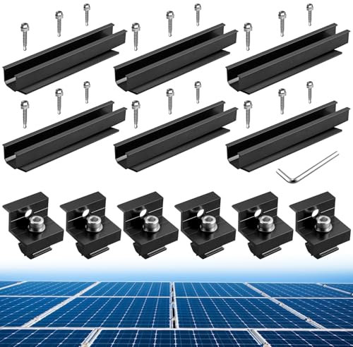 Anbte Solar Panel Brackets, 6 Pcs 200mm Aluminium Solar Panel Mounting Rail 30mm/35mm Solar Panel End Clamps, Solar Panel Mounting Brackets for Metal Roof, Tin Roof, Flat Roof, Sheet Roof, Black
