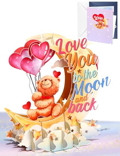 JMHACHY Pop-Up-Valentinstagskarte – Niedliche Teddybär-3D-Jubiläumskarten mit Umschlägen, herzförmige Luftballons, Liebe dich bis zum Mond und zurück Karte für Ehefrau, Ehemann, Ihn, Freund, Freundin