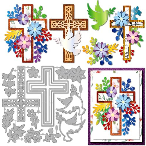 MAYJOYDIY Osterblumenkreuz Stanzformen Zum Basteln von Karten Tauben Olivenblatt Metall Stanzformen Religiöser Kreuzrahmen Präge Und Schneideschablone Für Scrapbooking Bastelpapier Osterkarten
