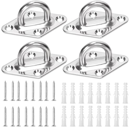 Swpeet 4Pcs M8 304 Stainless Steel Silver Rhombus Pad Eye Plate Hook with Screws and Plastic Anchors Assortment Kit, Marine Hardware Hooks Ceiling U Hook Staple Ring Hook for Securing Hanging