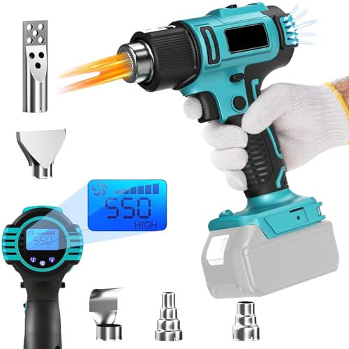 Pistola ad aria calda compatibile con batterie Makita 18V,pistola ad aria calda con display digitale LCD e 5 ugelli, pistola termica da 350 W, pistola termica regolabile da 50 a 550 ℃, per fai da te