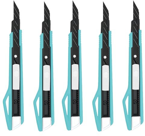 MANUFORE 5 Stück 9mm Cuttermesser Set, Profi Cuttermesser 30 Grad mit Schwarz SK5 Stahl Abbrechklingen, 9mm Cutter Schwarz für Karton, Folien, Papier, Basteln und Tapete blau