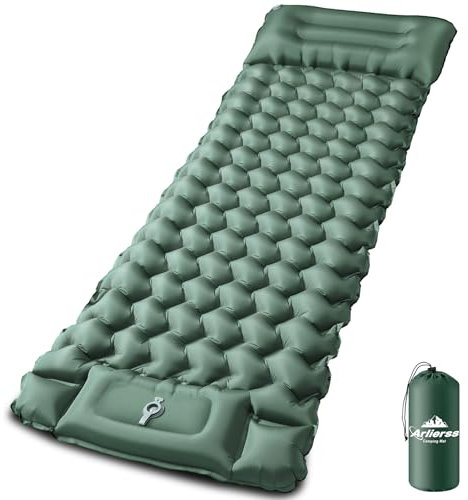 Arlierss Isomatte Selbstaufblasend,Ultraleichte Aufblasbare Luftmatratze,Camping Matratze mit Fußpresse Pumpe, Anti-Ripstop Tragbar Schlafmatte Outdoor mit Kissen für Wandern,Strand,Reise-Armeegrün