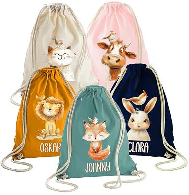 wolga-kreativ Turnbeutel Kinder mit Name – Tiermotiv Fuchs Löwe Bär – für Jungen und Mädchen personalisiert – Stoffbeutel Nasstasche Schwimmsachen Wechselbeutel Kita