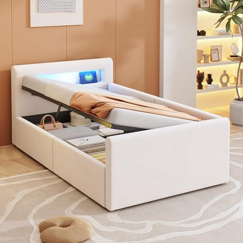 Huayz Modern Jugendbett 90x200 cm Polsterbett, Bett mit Lattenrost & Stauraum, Polster Kopfteil mit LED Nachtlicht & USB-Ladeanschluss, Samtstoff, Kinderbett für Jungen & Mädchen (Beige)