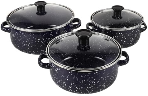 Housoutil Juego De 3 Piezas Olla Pequeña Esmaltada Con Tapa, Cacerola Antiadherente Versátil y Fácil De Limpiar, Adecuado Para Cocinar Porciones Pequeñas Cocina Diaria