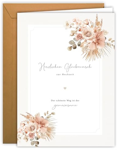 Hochzeitskarte groß mit floralem Hochzeitsmotiv rosa – Klappkarte A4 mit Kraft-Umschlag – Karte zur Hochzeit, Glückwunschkarte Einladungskarte - für Polterabend Standesamt Brautpaar Einladung
