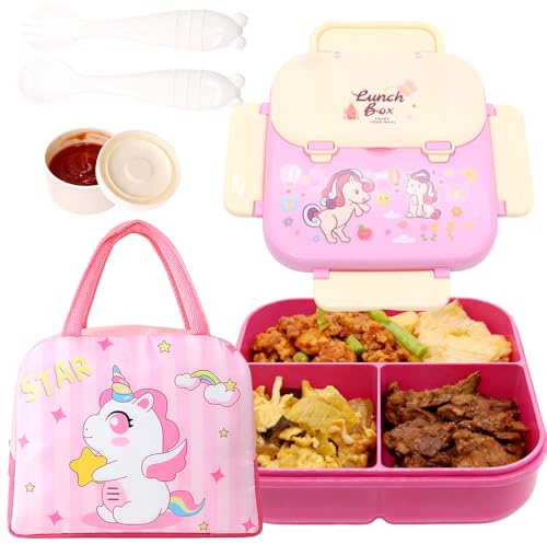 WFKKMEQ Unicornio Fiambreras Bento, Bento Lunch Box con Bolsa Térmica Cubiertos Fiambrera Hermética Lonchera Prueba de Fugas Caja de Almuerzo Escuela para Escuela Picnic Viajes Trabajo