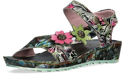 Laura Vita Damen Sandale mit floralem Muster und Blüten aus Leder Brcyano 02, Größe:38 EU, Farbe:Schwarz