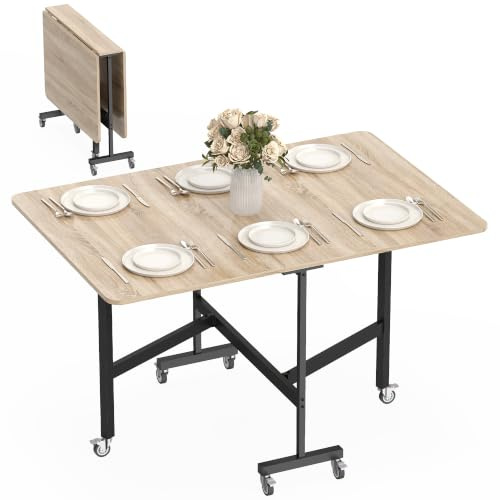 HOMCOM Esstisch Klappbar für 4-6 Personen 120 x 80 x 73 cm Eiche+Schwarz | Küchentisch, mit Rollen, Stahlbeine, Mobiler Klapptisch, Esszimmertisch, für Kleine Räume, Esszimmer, Küche