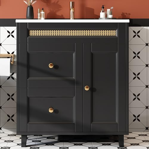 Merax Mueble de baño con lavabo, cajones dobles silenciosos, puertas de cierre suave, asas doradas, decoración de ratán para baño vintage, tocador, independiente, negro/76 x 46 x 86,5 cm