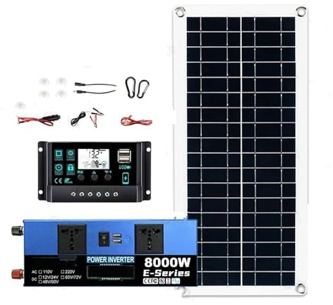 Convertisseur Puissance Kit Complet Système Solaire Hors Réseau 8000W Contrôleur 100A Panneau 200W pour Maison/Camping Sauvegarde Onduleur Dual12V/24V À 110V/220V(220V Solar kit)