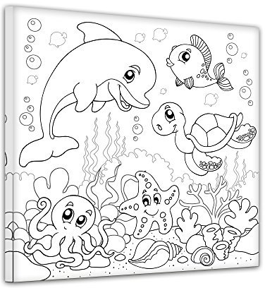 Unterwassertiere - Ausmalbild auf Leinwand, aufgespannt auf Rahmen - Quadrat-Format - 30x30 cm