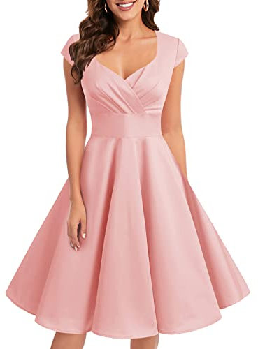 Bbonlinedress Robe Femme de Cocktail Vintage Rockabilly Robe plissée au Genou sans Manches col carré Rétro Blush M