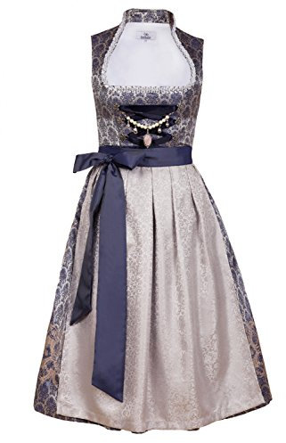 Edelnice Trachtenmode Exklusives Designer Midi Stehkragen Dirndl Marianna inkl. Spitzen Dirndlschürze und Charivari Gr. 32-54, Blau, 42