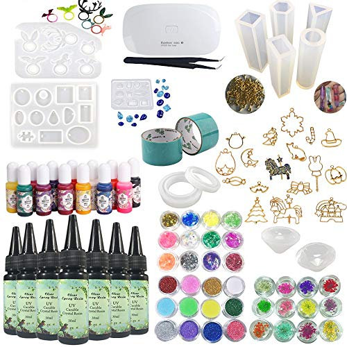 210g Transparent Clear Crystal Epoxidharz für Handwerk DIY Schmuck Kit mit Pigmentfarben Formen Abschrägungen 36 Dekorationen & Pinzetten & Tragbare Lampe für Armbänder Anhänger Diamanten Ohrringe
