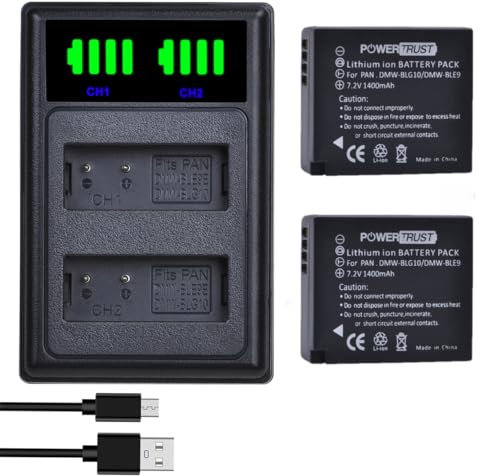 PowerTrust 2Pcs DMW-BLG10 DMW-BLG10E DMW-BLE9 Battery with Charger for Panasonic Lumix DMC-GX7 DMC-TZ100 DMC-LX100 DC-G100 DMC-GF3 DMC-GF6 DC-TZ200 DC-TZ95 DC-GX9 DMC-GX80 DMC-TZ80