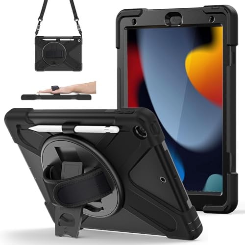Junfire Hülle für ipad 9./8./7. Generation, iPad 10,2 Zoll Stoßfeste Robust Panzerhülle mit Stifthalter, Drehbar Stände, Handschlaufe und Schultergurt für iPad 10,2 Zoll 2021/2020/2019-Schwarz