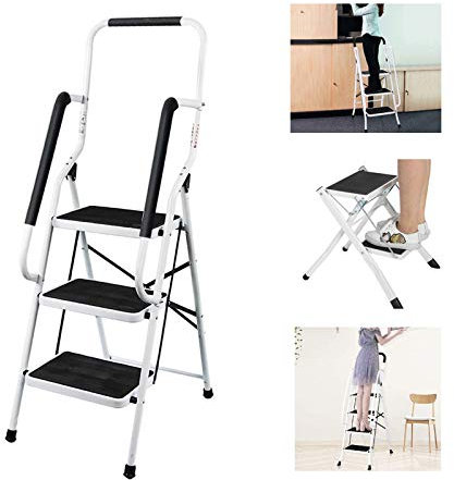 Escabeau 3 marches avec main courante - Escabeau pliable en acier - Escabeau pliable à ranger dans les compartiments - Pour l'intérieur et l'extérieur - Jusqu'à 150 kg