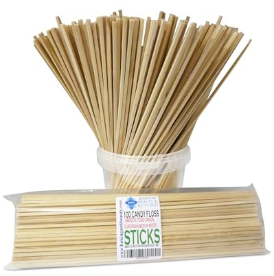 Baking Beauty and Beyond Cotton Candy Food Grade Square Birch Wood Sticks - Floss, Sturdy, Smooth, and Eco-Friendly Food Safe Wooden Skewers for Floss Making or Crafts, 100 Pieces, 11 Inch (275mm)