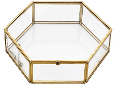 SUMTree Dekorative Schmuckschatulle, Glas, Schmuck-Organizer, Geschenk-Box, Schmuck-Display-Halter für Ohrringe, Halsketten, Ringe (Gold, extra groß)